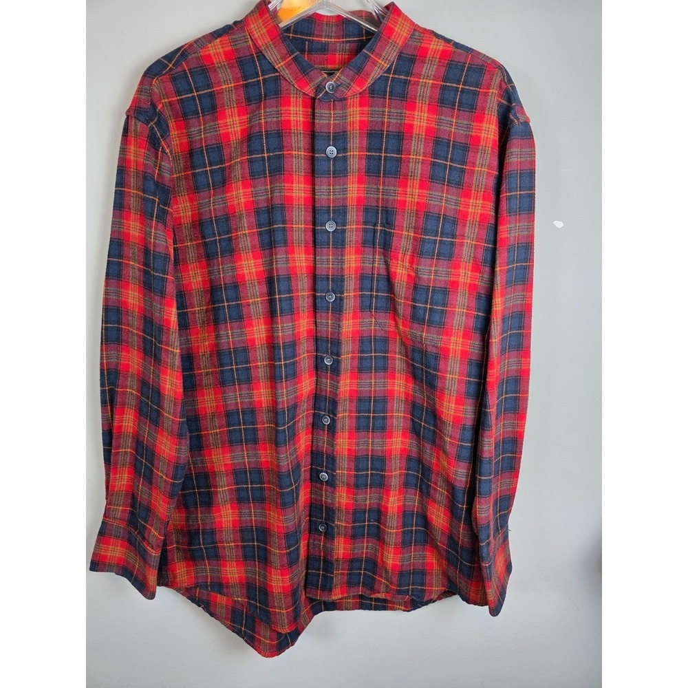 Celtic Ranchwear Shirt Mens L Red Navy Plaid Grandfather Long Sleeve Relaxed Fit - Picture 1 of 7